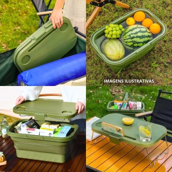 Cesta Dobravel para Picnic e Pesca com Tampa Vira Mesa Multiuso Colapsavel Retratil com Porta Copos Ntk
