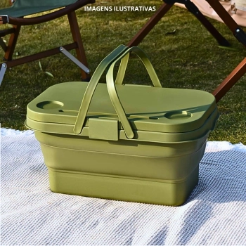 Cesta Dobravel para Picnic e Pesca com Tampa Vira Mesa Multiuso Colapsavel Retratil com Porta Copos Ntk