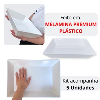 Kit 10 Travessas 35 Cm Retangular Funda para Buffet Restaurante Melamina Branca