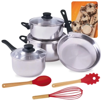 Kit Jogo de Panelas 4 Peas em Inox para Induo e a Gs Fundo Triplo + Fouet , Colher e Garfo em Silicone