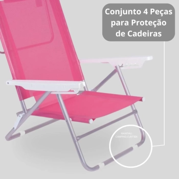 Kit Cadeira de Praia 6 Posies Alumnio Summer Rosa + Protetor para o P da Cadeira Redondo Branco Evita Riscos
