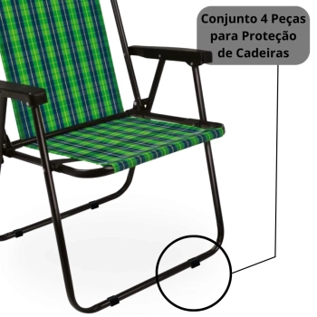 Kit Cadeira de Praia Xadrez Oliva em Ao Mor + Protetor para o P da Cadeira Quadrado Preto Evita Riscos