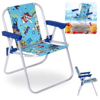 Kit Cadeira de Praia Infantil Patrulha Canina Azul + Cadeira de Praia Adulto 4 Pos Colorida + Guarda Sol 1,50m