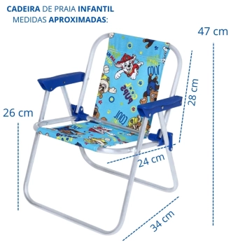 Kit Cadeira de Praia Infantil Patrulha Canina Azul + Cadeira de Praia Adulto 4 Pos Colorida + Guarda Sol 1,50m