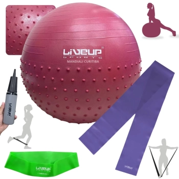 Kit Bola Suia 65cm Textura Cravo Massage Ball + Mini Bomba + Faixa Elstica Tenso Mdia + Mini Band Mdia