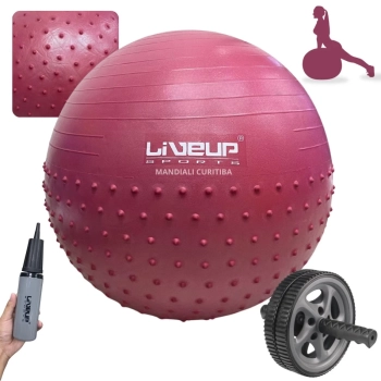 Kit Bola Suia 65cm de Pilates Textura Cravo Massage Ball + Mini Bomba + Rodinha Roda para Abdominal