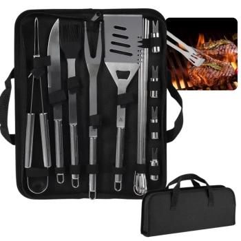 Kit para Churrasco 16 Peas em Inox Premium com Estojo + Churrasqueira Porttil Braseiro 3 Espetos e 1 Grelha