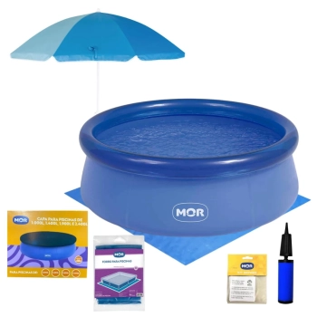 Kit Piscina Infantil 1000 Lts Redonda Inflavel + Capa e Forro + Guarda Sol 1,50m + Mini Bomba