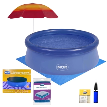 Kit Piscina Infantil 1000 Lts Inflavel + Capa e Forro + Guarda Sol Fashion 1,50m + Mini Bomba Lazer