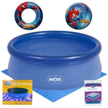 Kit Piscina Infantil 1000lts Mor Redonda Inflavel + Capa e Forro + Bola e Boia Circular Homem Aranha