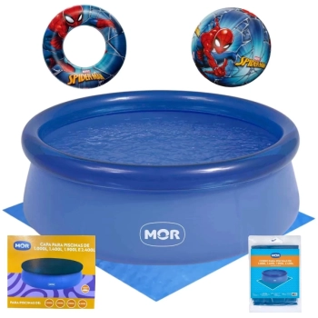 Kit Piscina Infantil 1000lts Mor Redonda Inflavel + Capa e Forro + Bola e Boia Circular Homem Aranha