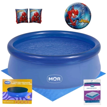 Kit Piscina Infantil 1000lts Mor Redonda Inflavel + Capa e Forro + Bola e Boia de Brao Homem Aranha