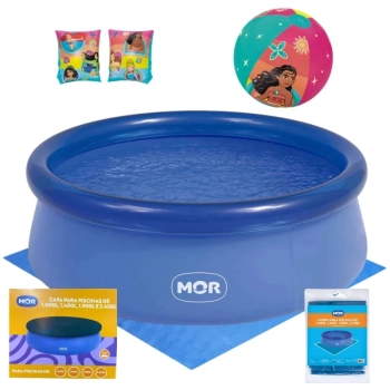 Kit Piscina Infantil 1000lts Mor Redonda Inflavel + Capa e Forro + Bola e Boia de Bra�o Princesas Disney