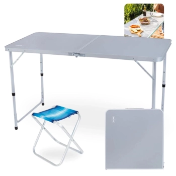 Kit Mesa Porttil Vira Maleta com Ala 1,20m + Banqueta Dobravel em Aluminio para Pesca Camping e Praia