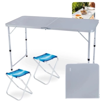 Kit Mesa Porttil Vira Maleta com Ala 1,20m + 2 Banquetas Dobraveis em Aluminio para Pesca Camping e Praia
