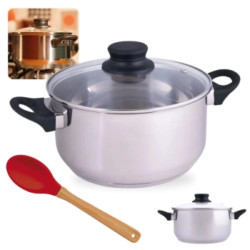 Kit Panela Caarola 21cm em Inox 3,2l Fundo Triplo Induo e Gs com Tampa + Colher em Silicone e Bamboo Mor