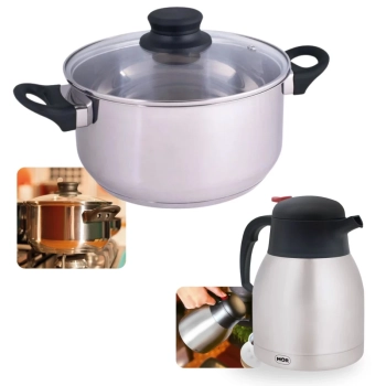 Kit Panela Caarola 21cm em Inox 3,2l Fundo Triplo Induo e Gs + Garrafa Termica em Inox 1,2l com Gatilho