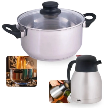 Kit Panela Caarola 25cm em Inox 5,3l Fundo Triplo Induo e Gs + Garrafa Termica em Inox 1,2l com Gatilho