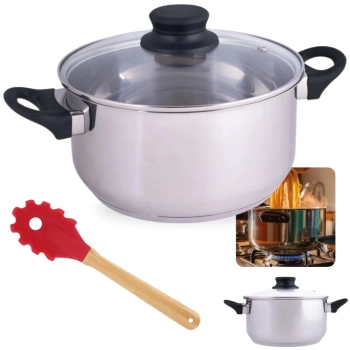 Kit Panela Caarola 25cm em Inox 5,3l Fundo Triplo Induo e Gs com Tampa + Garfo em Silicone e Bamboo Mor