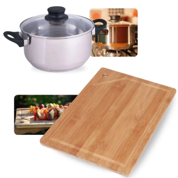 Kit Panela Caarola 21cm em Inox 3,2l Fundo Triplo Induo e Gs com Tampa + Tabua de Carne 35cm em Bambu Mor