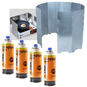 Kit Protetor de Vento para Fogareiro 75cm Alumnio Dobrvel + 4 Refis de Gs Campgs