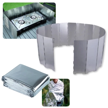 Kit Protetor de Vento para Fogareiro 1,48m Alumnio Dobrvel + Cobertor Manta Trmica Aluminizada