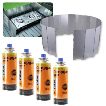 Kit Protetor de Vento para Fogareiro 1,48m Alumnio Dobrvel + 4 Refis de Gs Campgs