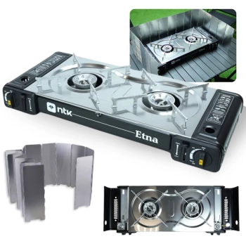 Kit Fogareiro a Gs Etna Maleta Porttil 2 Bocas Horizontal Inox Ntk + Protetor de Vento 1,48m Camping Pesca