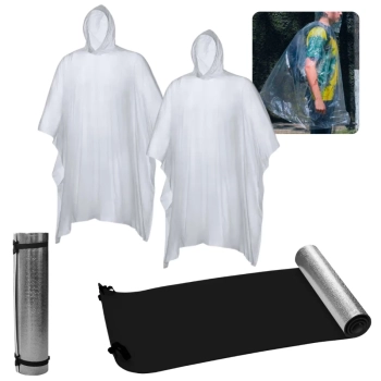 Kit 2 Ponchos Capas de Chuva Impermeveis para Emergencia + 1 Colchonete Isolante Termico Aluminizado