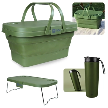 Kit Cesta Dobravel Tampa Vira Mesa Ntk Picnic / Pesca + Copo 450ml Ao Inox Antiqueda Verde com Tampa