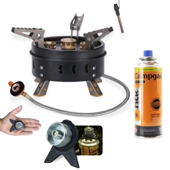 Kit Conversor para Gas Tubo Compacto + Fogareiro Super Chama com Acendedor e Bolsa + Refil Campgas