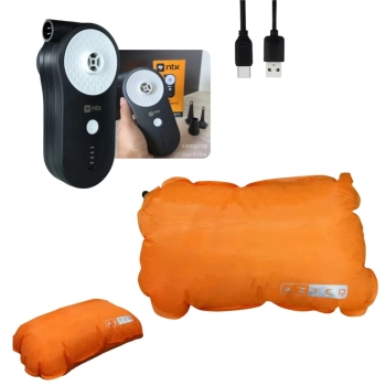 Kit Travesseiro Inflvel Looper Azteq Laranjado + Bomba de Ar Recarregavel Via Usb Portatil