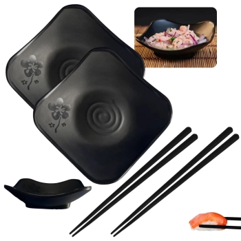 Kit 2 Mini Tigelas Pequenas com Flor Ilustrada 100ml + 2 Pares de Hashi Preto para Sushi Comida Japonesa