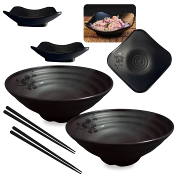 Kit 2 Tigelas Onduladas 1 Litro de 21,5cm + 2 Mini Tigelas 100ml + 2 Pares de Hashi Sushi Comida Japonesa