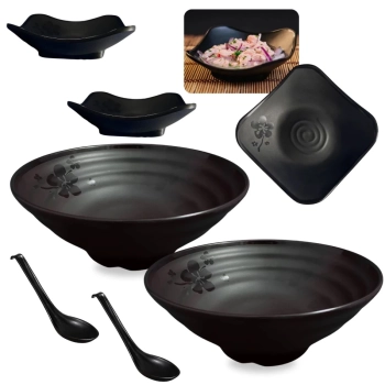 Kit 2 Tigelas Onduladas de 1 Litro 21,5cm + 2 Mini Tigelas 100ml + 2 Colheres para Sushi Comida Japonesa