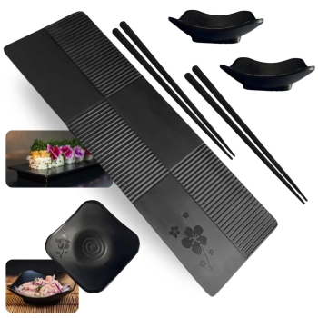 Kit Travessa Retangular Reta 33cm + 2 Mini Tigelas 100ml + 2 Pares de Hashi Sushi Comida Japonesa