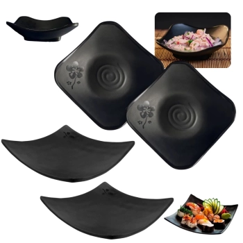 Kit 2 Mini Tigelas 100ml com Flor Ilustrada + 2 Pratos Quadrados Concavo 15cm para Sushi Comida Japonesa
