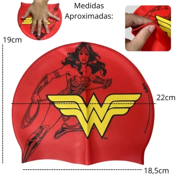 Kit Touca Infantil Personagem Mulher Maravilha + Oculos de Natao com Protetor de Ouvido para Praia