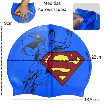 Kit Touca Infantil Personagem Super-homem Liga da Justia + Oculos de Natao com Protetor de Ouvido para Praia