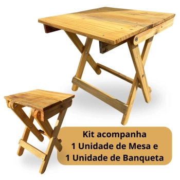 Kit Banco e Mesa em Madeira Dobravel Rustica Artesanal para Camping, Pesca e Jardim