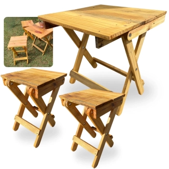 Kit Mesa + 2 Bancos de Madeira Dobravel Rustica Artesanal para Camping, Pesca e Jardim