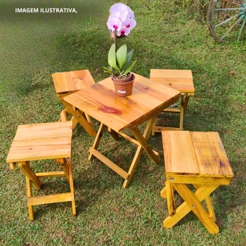 Conjunto de Mesa + 4 Bancos de Madeira Dobravel Rustica Artesanal para Camping, Pesca e Jardim