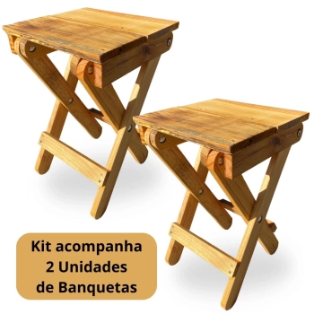 Kit 2 Bancos de Madeira Banquetas Dobraveis Rustica Artesanal para Camping, Pesca e Jardim