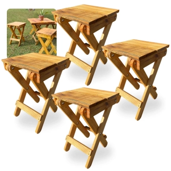 Kit 4 Bancos de Madeira Banquetas Dobraveis Rustica Artesanal para Camping, Pesca e Jardim