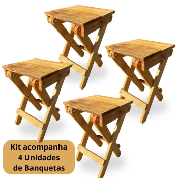 Kit 4 Bancos de Madeira Banquetas Dobraveis Rustica Artesanal para Camping, Pesca e Jardim