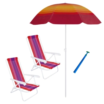 Kit 2 Cadeiras de Praia 4 Posies em Ao + Guarda Sol Fps 70 1,50 M + Saca Areia Colorido Parque