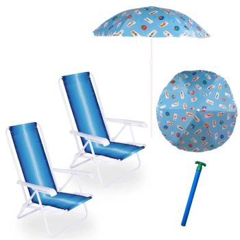 Kit 2 Cadeiras de Praia 4 Posies em Ao + Guarda Sol 1,30m + Saca Areia Colorido