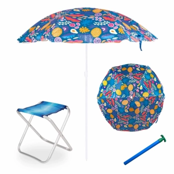 Kit Guarda Sol Colorido 1,30m + Banqueta em Alumnio Dobrvel + Saca Areia