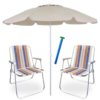 Kit 2 Cadeiras de Praia em Alumnio Alta Coloridas + Guarda Sol 2 Metros Bege + Saca Areia