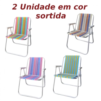 Kit 2 Cadeiras de Praia em Alumnio Alta Coloridas + Guarda Sol 2 Metros Bege + Saca Areia